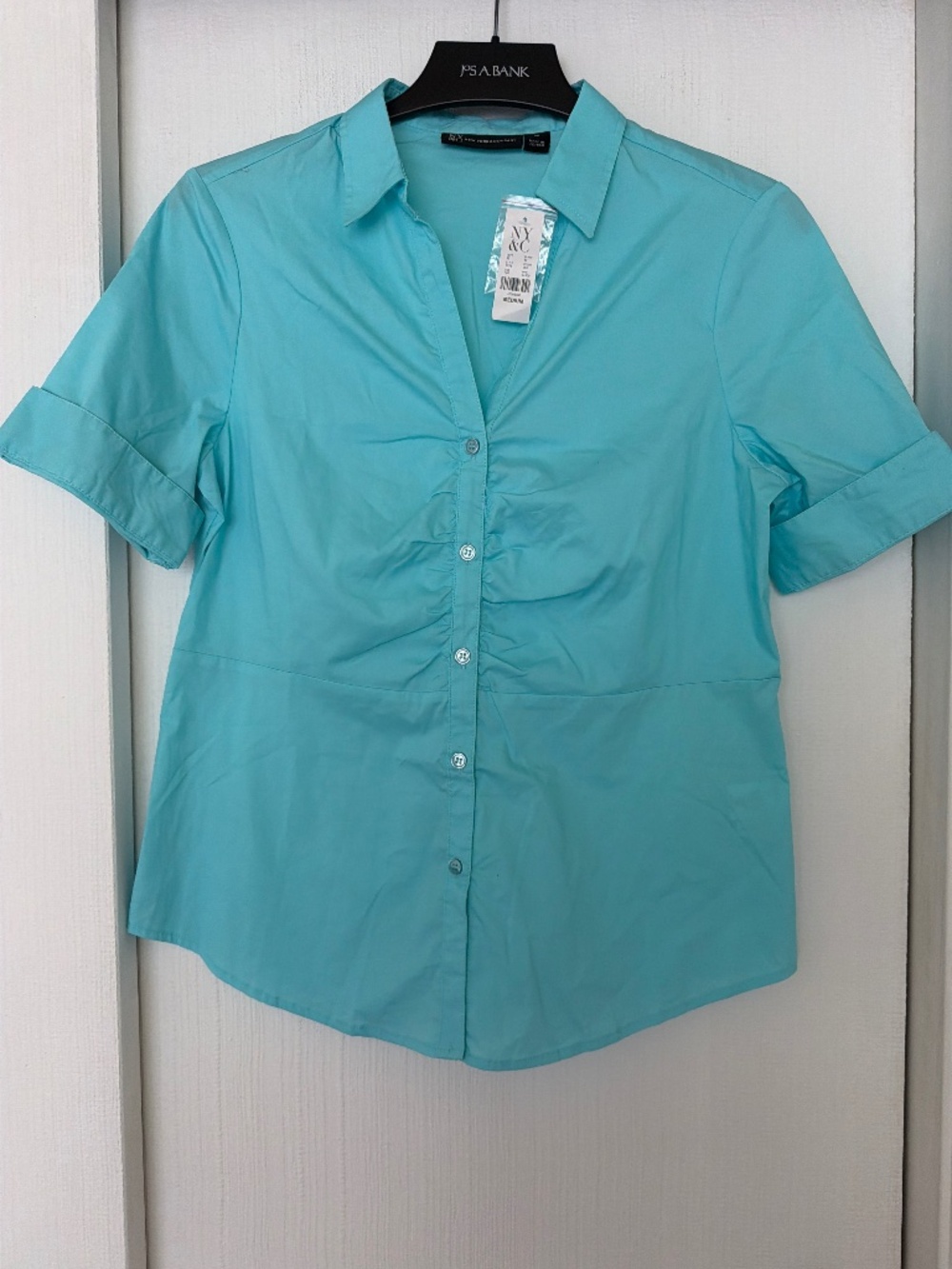 NWT New York & Company Aqua Blue Ruched Button-Up Shirt Women’s M